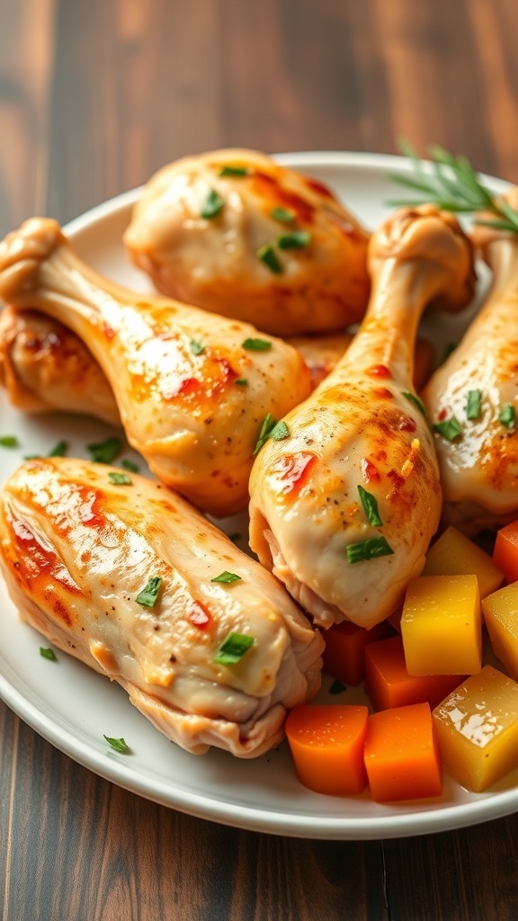 Baked chicken drumsticks on a plate, garnished with herbs, served with soft vegetables.